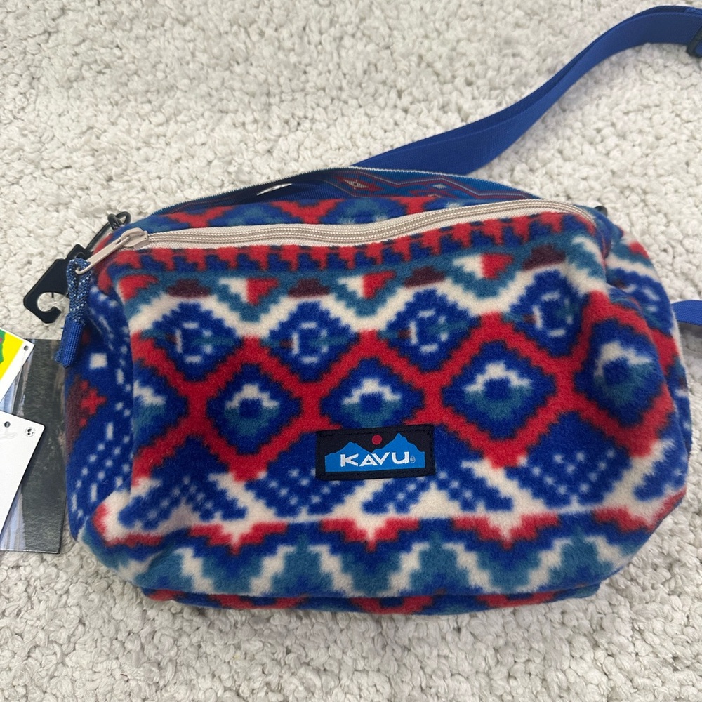 KAVU Crossbody Bag with Blue and Red Geometric Design
